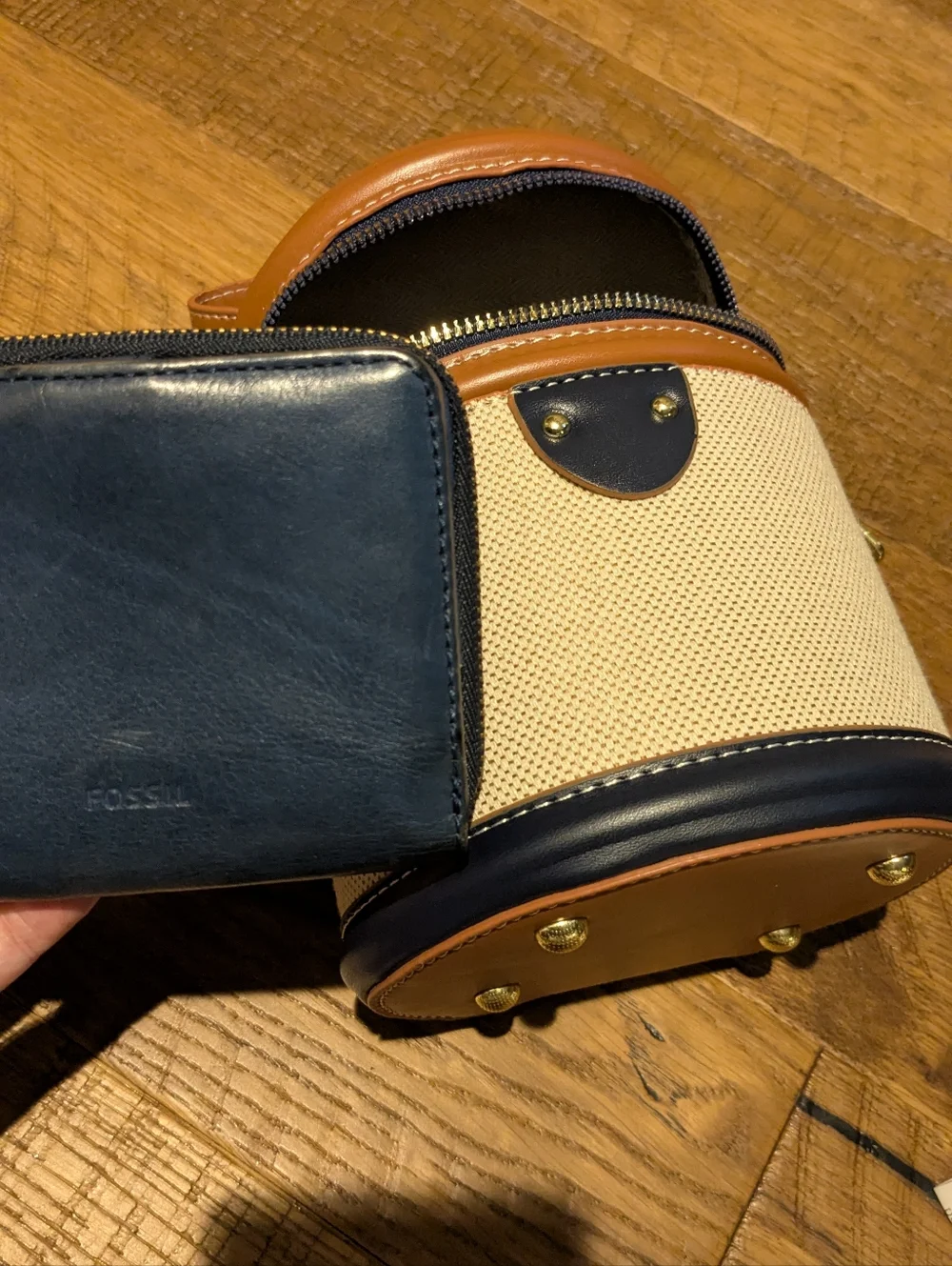 Navy & Tan Trimmed Canvas Barrel Bag with Fossil Navy Wallet - Picture 9 of 10